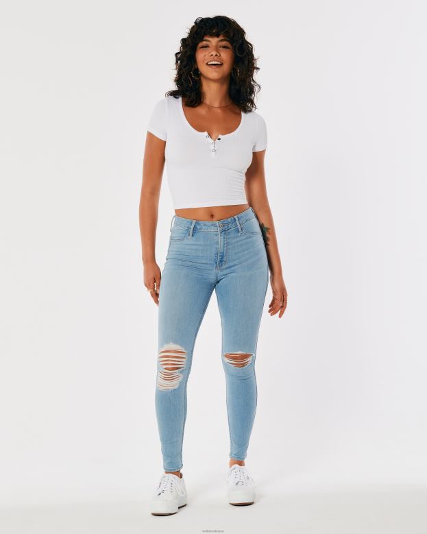 Bottoms Hollister Women High-Rise Ripped Medium Wash Jean Leggings 48820660 Light Ripped Wash