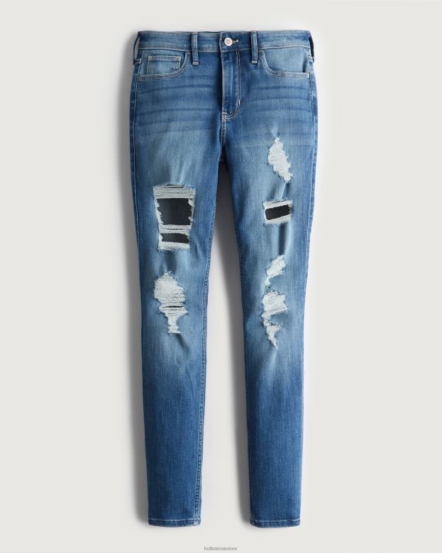 Bottoms Hollister Women High-Rise Ripped Medium Wash Super Skinny Jeans 48820574 Medium Destroy
