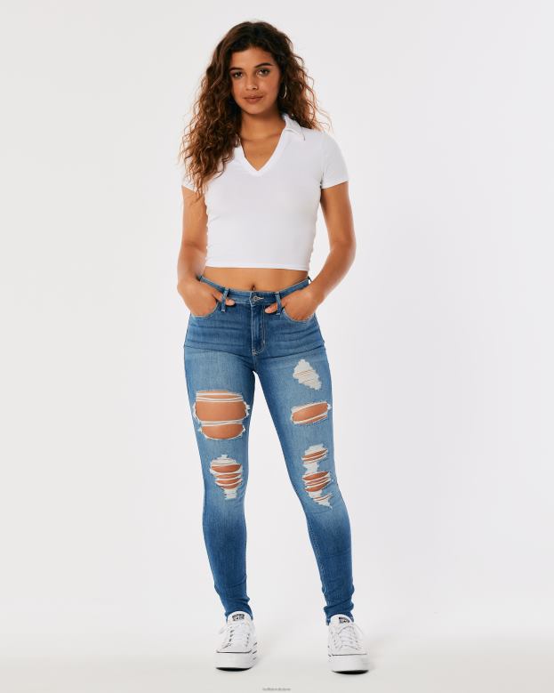 Bottoms Hollister Women High-Rise Ripped Medium Wash Super Skinny Jeans 48820574 Medium Destroy