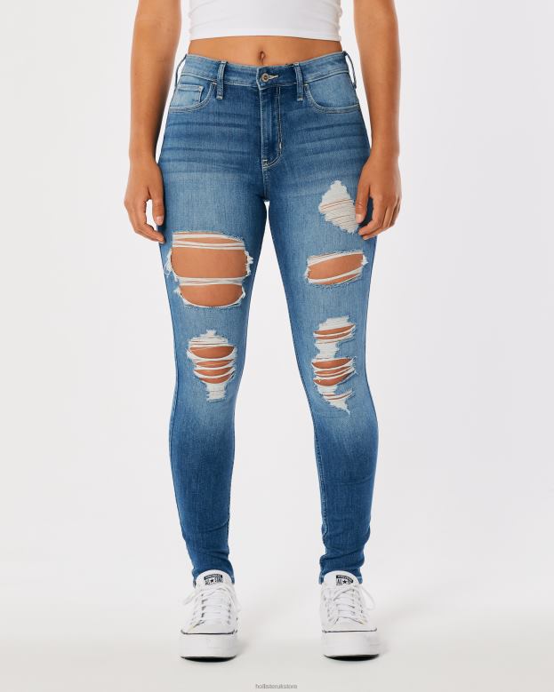 Bottoms Hollister Women High-Rise Ripped Medium Wash Super Skinny Jeans 48820574 Medium Destroy