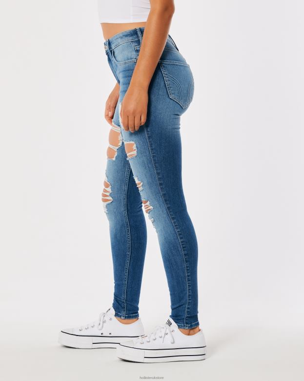 Bottoms Hollister Women High-Rise Ripped Medium Wash Super Skinny Jeans 48820574 Medium Destroy