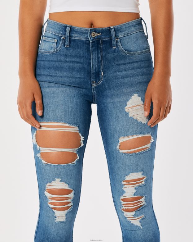 Bottoms Hollister Women High-Rise Ripped Medium Wash Super Skinny Jeans 48820574 Medium Destroy