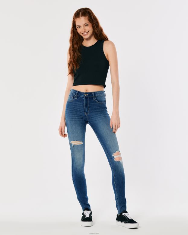 Bottoms Hollister Women High-Rise Ripped Medium Wash Super Skinny Jeans 48820727 Medium Ripped Wash