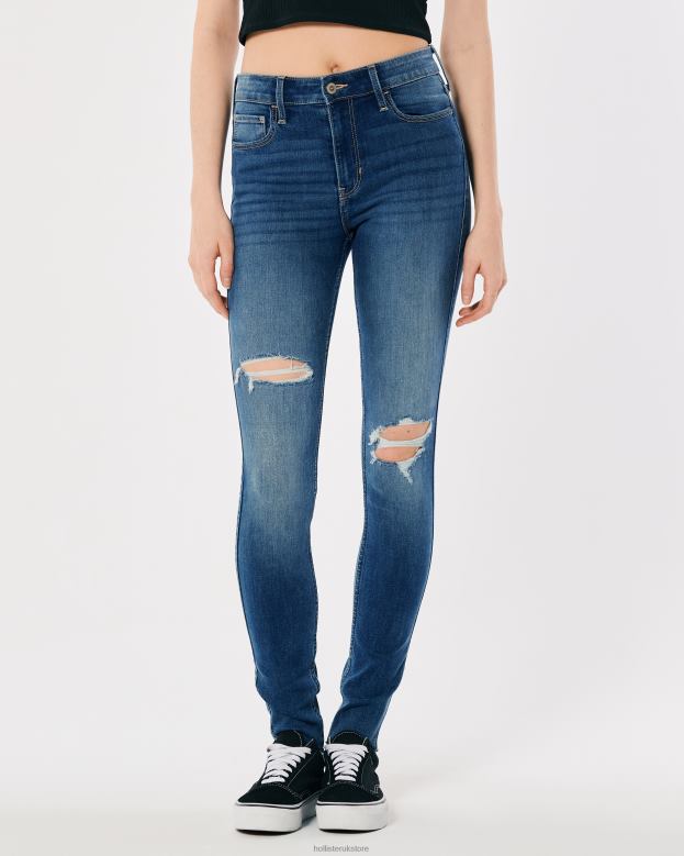 Bottoms Hollister Women High-Rise Ripped Medium Wash Super Skinny Jeans 48820727 Medium Ripped Wash