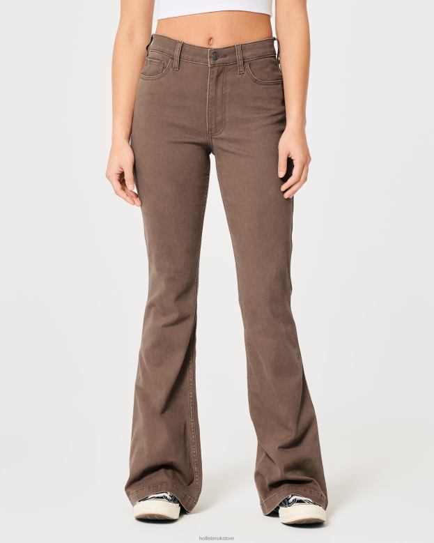 Bottoms Hollister Women High-Rise Twill Flare Pants 48820617 Dark Brown