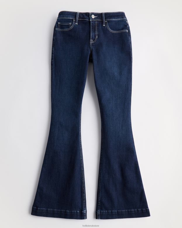 Bottoms Hollister Women Low-Rise Dark Wash Contrast Stitch Flare Jeans 48820681 Dark Wash