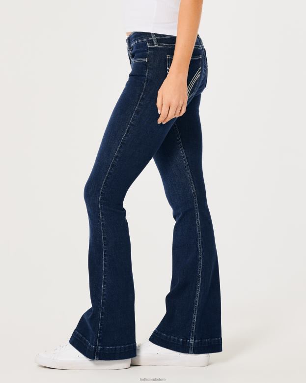 Bottoms Hollister Women Low-Rise Dark Wash Contrast Stitch Flare Jeans 48820681 Dark Wash