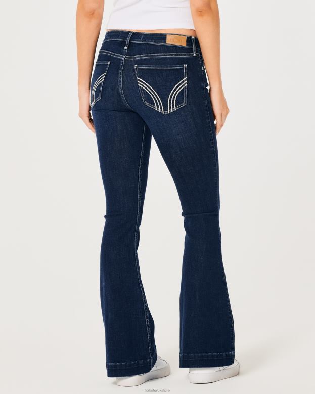 Bottoms Hollister Women Low-Rise Dark Wash Contrast Stitch Flare Jeans 48820681 Dark Wash