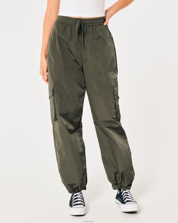Bottoms Hollister Women Social Tourist High-Rise Nylon Cargo Pants 48820707 Olive Green