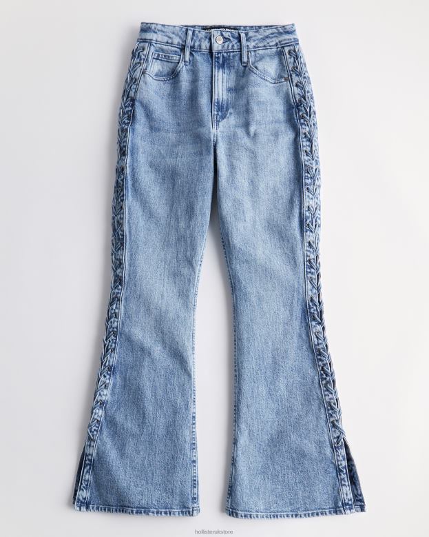 Bottoms Hollister Women Social Tourist Highest Rise Light Medium Wash Lace-Up Side Flare Jeans 48820761 Light Medium Wash