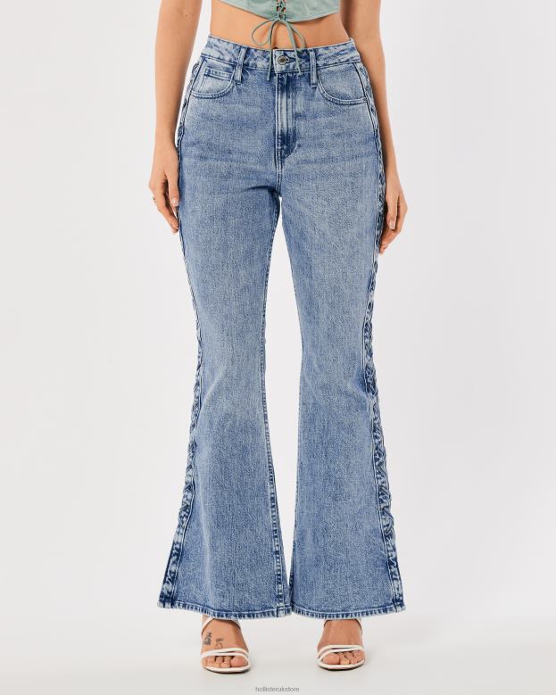 Bottoms Hollister Women Social Tourist Highest Rise Light Medium Wash Lace-Up Side Flare Jeans 48820761 Light Medium Wash
