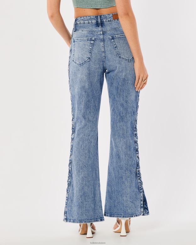 Bottoms Hollister Women Social Tourist Highest Rise Light Medium Wash Lace-Up Side Flare Jeans 48820761 Light Medium Wash