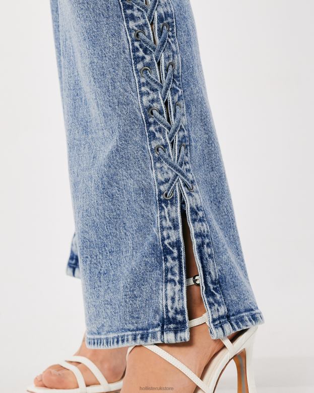 Bottoms Hollister Women Social Tourist Highest Rise Light Medium Wash Lace-Up Side Flare Jeans 48820761 Light Medium Wash