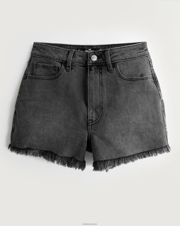 Bottoms Hollister Women Ultra High-Rise Faded Black Denim Mom Shorts 48820583 Black Frayed Hem