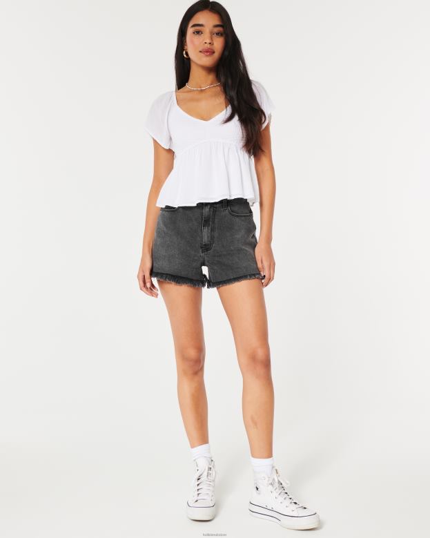 Bottoms Hollister Women Ultra High-Rise Faded Black Denim Mom Shorts 48820583 Black Frayed Hem