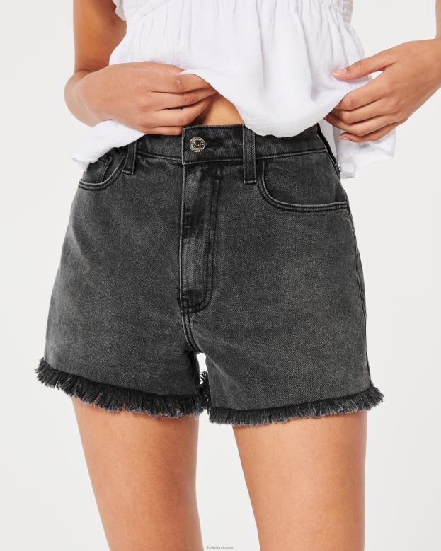 Bottoms Hollister Women Ultra High-Rise Faded Black Denim Mom Shorts 48820583 Black Frayed Hem