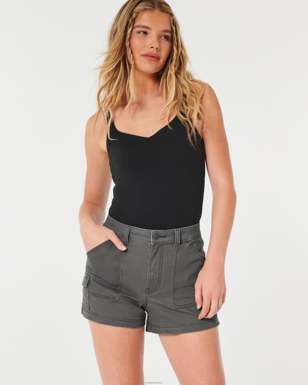 Bottoms Hollister Women Ultra High-Rise Grey Twill Cargo Mom Shorts 48820512 Dark Grey