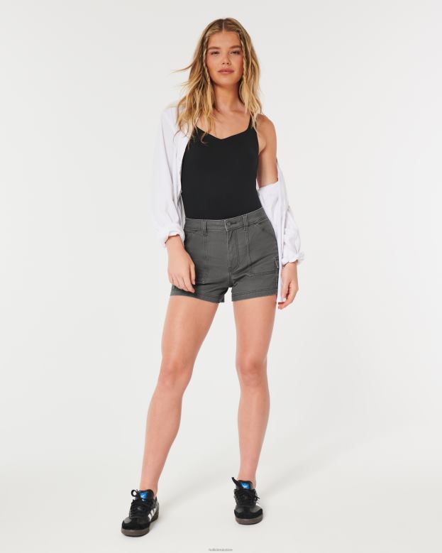 Bottoms Hollister Women Ultra High-Rise Grey Twill Cargo Mom Shorts 48820512 Dark Grey