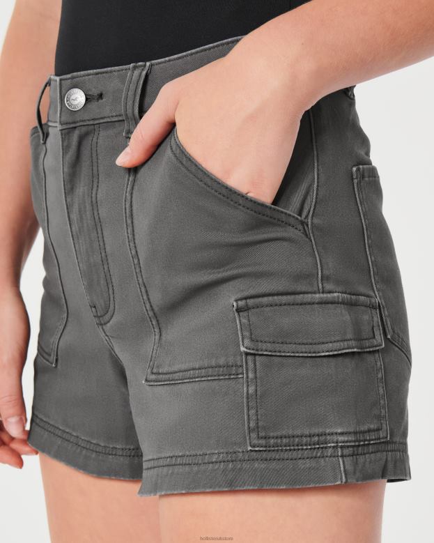 Bottoms Hollister Women Ultra High-Rise Grey Twill Cargo Mom Shorts 48820512 Dark Grey