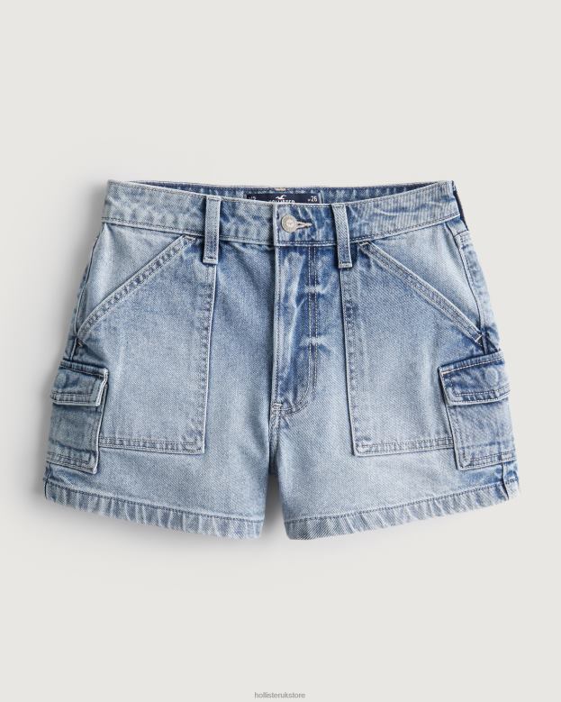 Bottoms Hollister Women Ultra High-Rise Light Wash Denim Cargo Mom Shorts 48820564 Light Wash Cargo