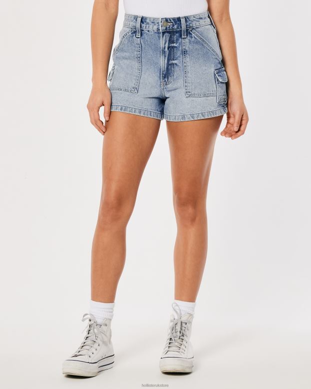 Bottoms Hollister Women Ultra High-Rise Light Wash Denim Cargo Mom Shorts 48820564 Light Wash Cargo