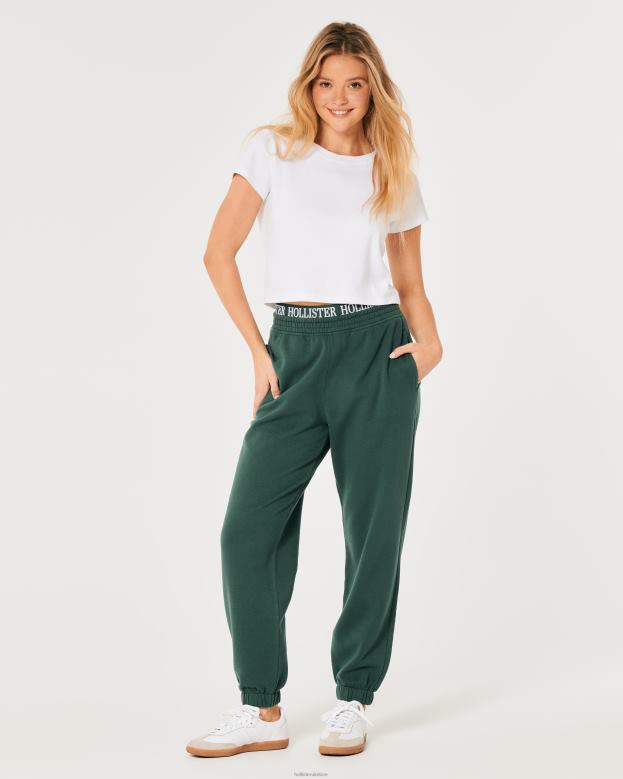 Bottoms Hollister Women Ultra High-Rise Logo Waist Fleece Dad Joggers 48820690 Dark Green
