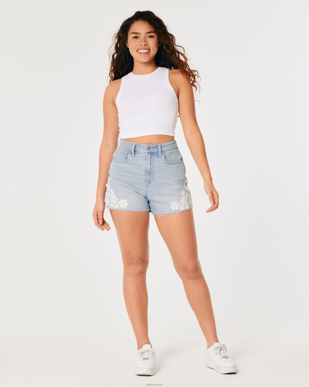 Bottoms Hollister Women Ultra High-Rise Medium Wash Crochet Denim Shorts 48820691 Light Wash