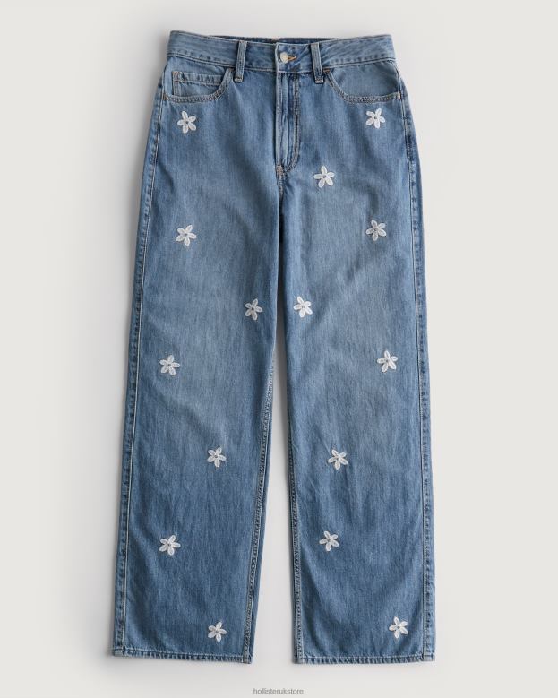 Bottoms Hollister Women Ultra High-Rise Medium Wash Floral Embroidery Baggy Jeans 48820687 Medium Wash Floral