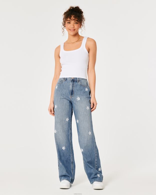 Bottoms Hollister Women Ultra High-Rise Medium Wash Floral Embroidery Baggy Jeans 48820687 Medium Wash Floral