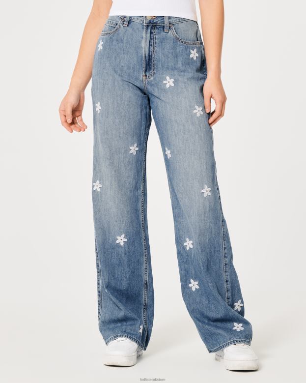 Bottoms Hollister Women Ultra High-Rise Medium Wash Floral Embroidery Baggy Jeans 48820687 Medium Wash Floral