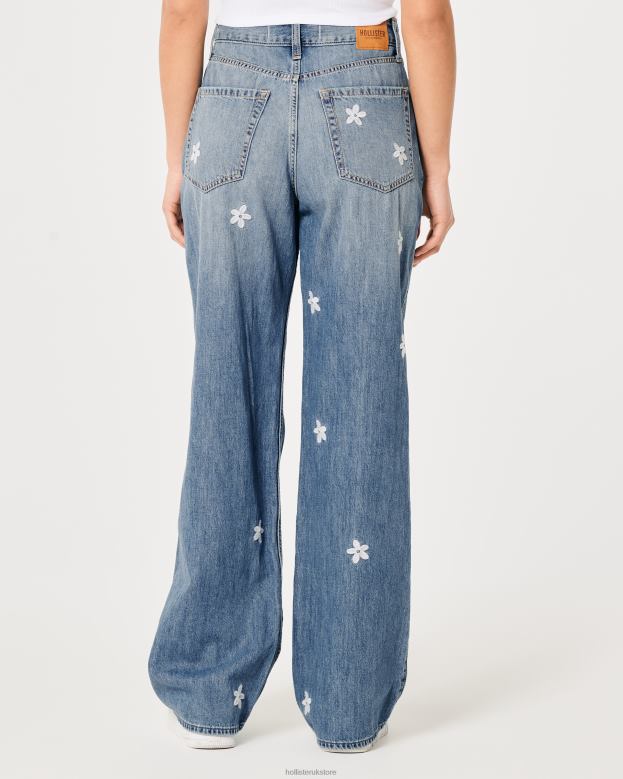 Bottoms Hollister Women Ultra High-Rise Medium Wash Floral Embroidery Baggy Jeans 48820687 Medium Wash Floral