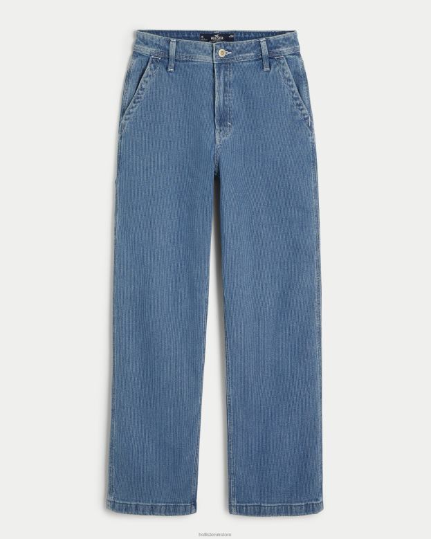 Bottoms Hollister Women Ultra High-Rise Medium Wash Railroad Print Carpenter Dad Jeans 48820595 Medium Wash Stripe