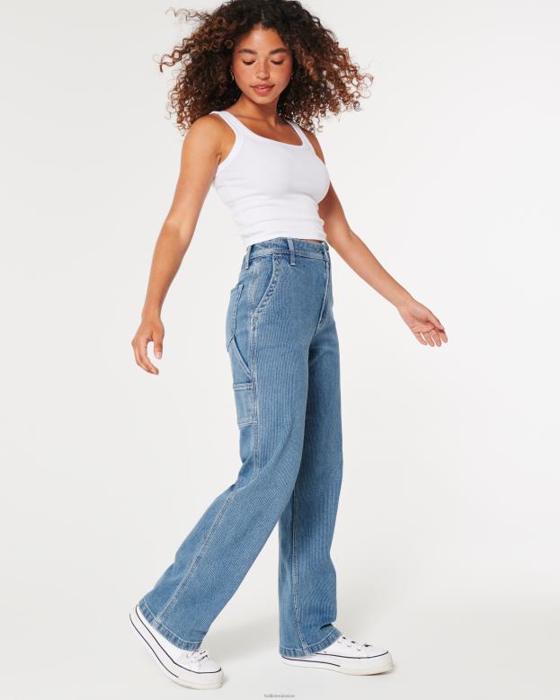 Bottoms Hollister Women Ultra High-Rise Medium Wash Railroad Print Carpenter Dad Jeans 48820595 Medium Wash Stripe