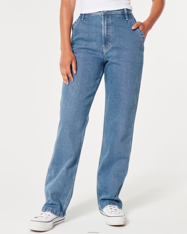 Bottoms Hollister Women Ultra High-Rise Medium Wash Railroad Print Carpenter Dad Jeans 48820595 Medium Wash Stripe