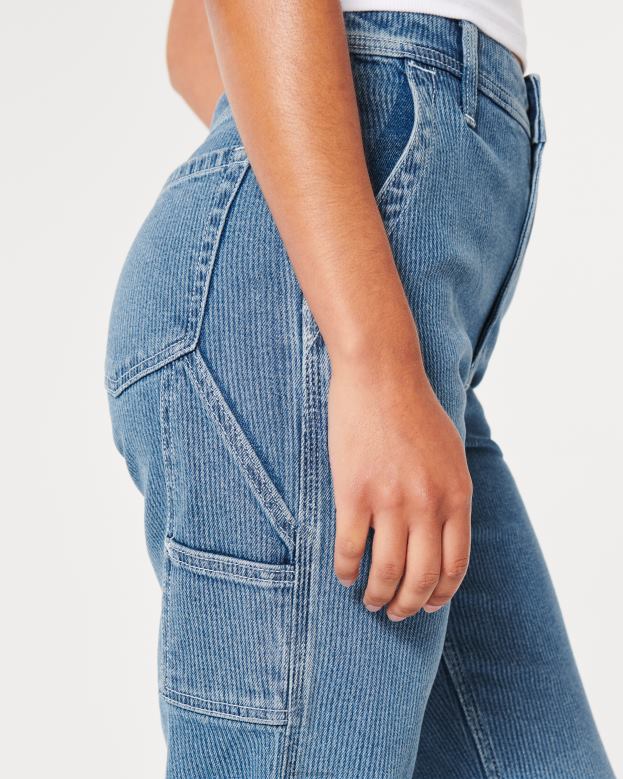 Bottoms Hollister Women Ultra High-Rise Medium Wash Railroad Print Carpenter Dad Jeans 48820595 Medium Wash Stripe