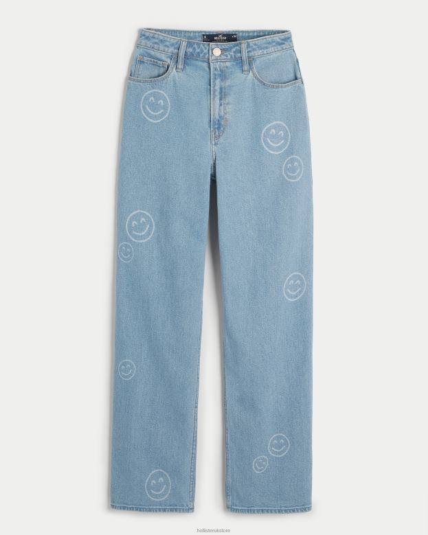 Bottoms Hollister Women Ultra High-Rise Medium Wash Smiley Print Dad Jeans 48820702 Light