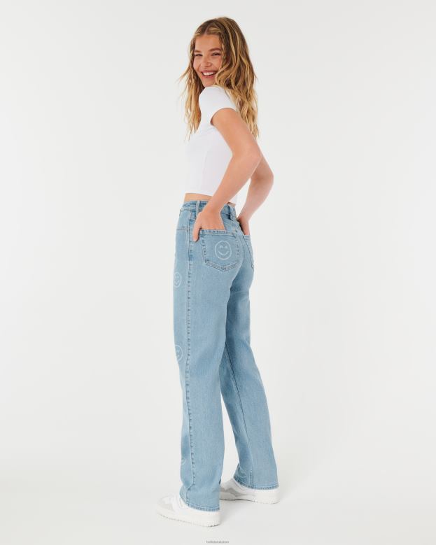 Bottoms Hollister Women Ultra High-Rise Medium Wash Smiley Print Dad Jeans 48820702 Light