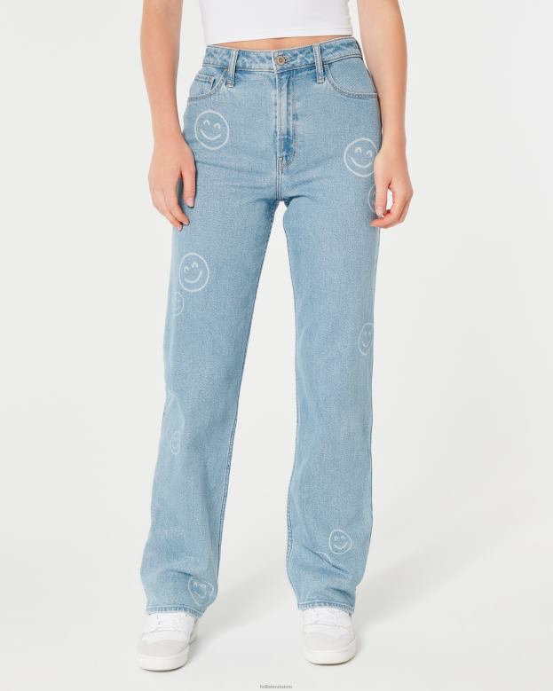 Bottoms Hollister Women Ultra High-Rise Medium Wash Smiley Print Dad Jeans 48820702 Light