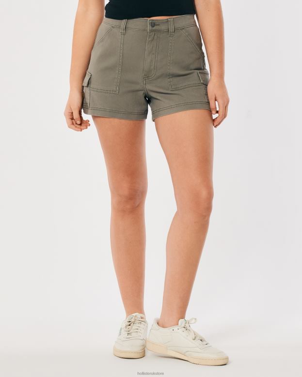 Bottoms Hollister Women Ultra High-Rise Olive Twill Cargo Mom Shorts 48820523 Olive Green