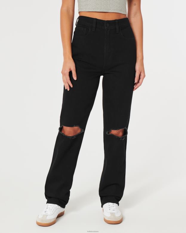 Bottoms Hollister Women Ultra High-Rise Ripped Black 90s Straight Jeans 48820592 Black Ripped