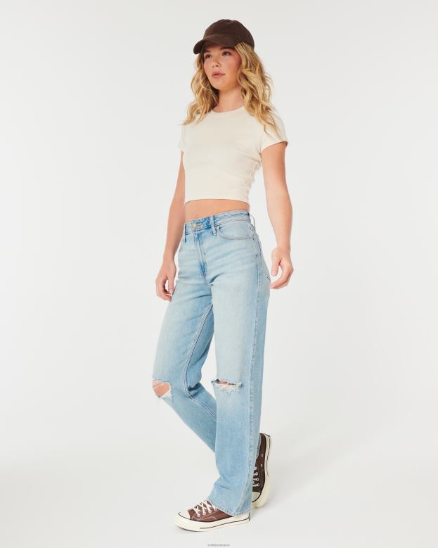 Bottoms Hollister Women Ultra High-Rise Ripped Light Wash Dad Jeans 48820510 Light Ripped Wash