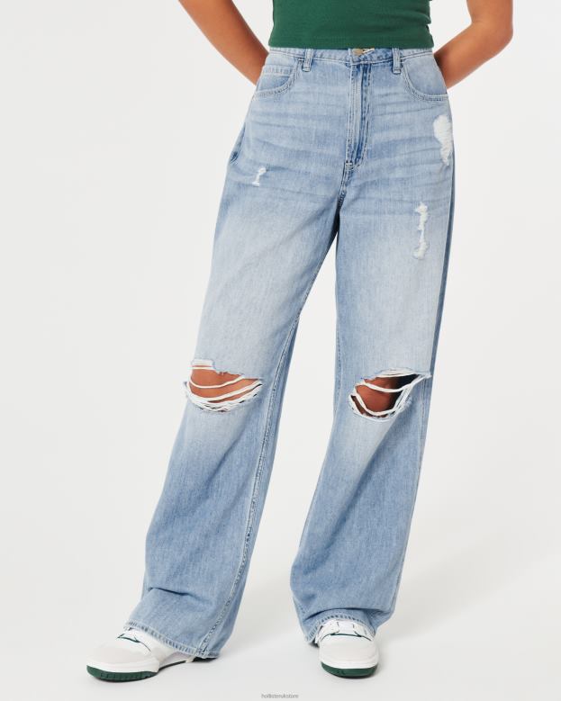 Bottoms Hollister Women Ultra High-Rise Ripped Medium Wash Baggy Jeans 48820488 Light Ripped Wash