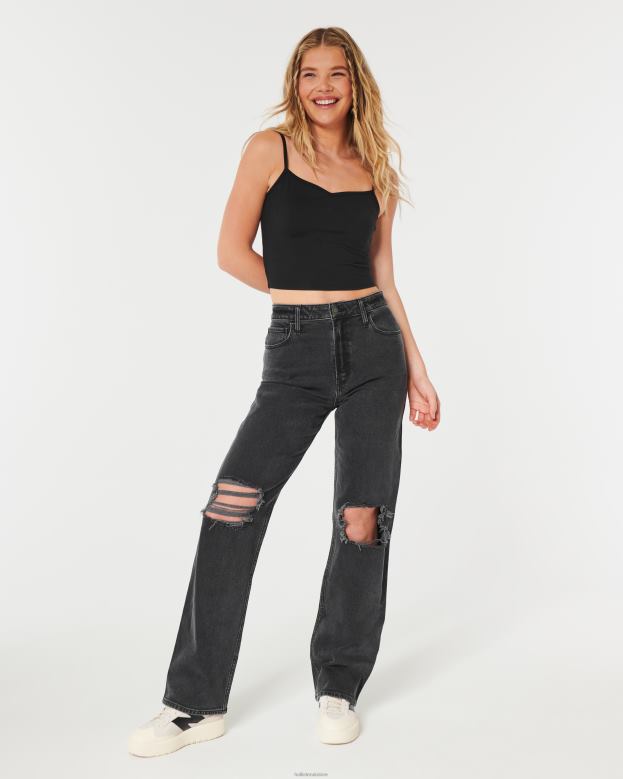 Bottoms Hollister Women Ultra High-Rise Ripped Washed Black Dad Jeans 48820648 Black Ripped Wash