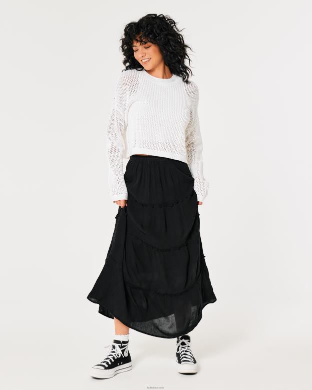 Bottoms Hollister Women Ultra High-Rise Tiered Maxi Skirt 48820480 Black
