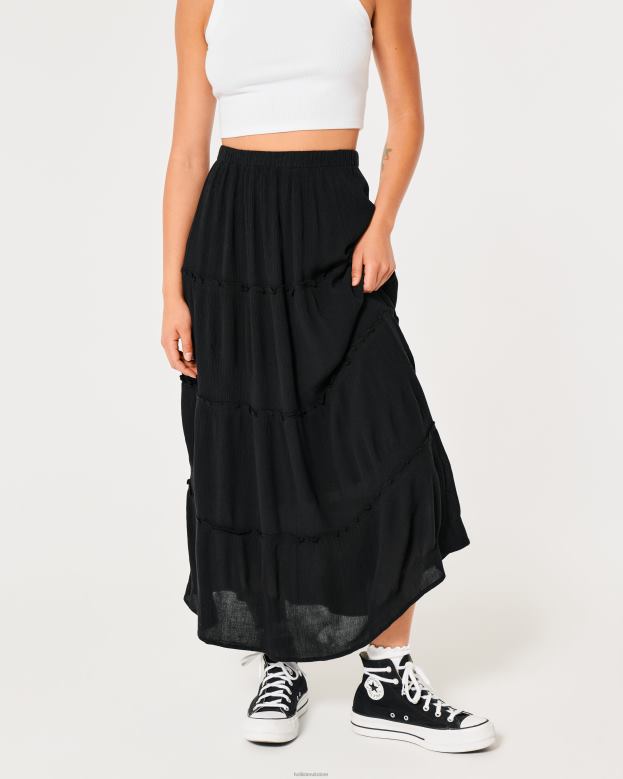 Bottoms Hollister Women Ultra High-Rise Tiered Maxi Skirt 48820480 Black