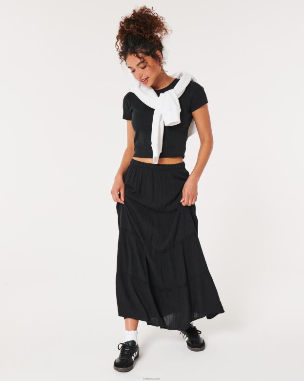 Bottoms Hollister Women Ultra High-Rise Tiered Maxi Skirt 48820744 Black