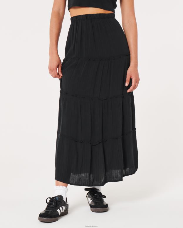 Bottoms Hollister Women Ultra High-Rise Tiered Maxi Skirt 48820744 Black