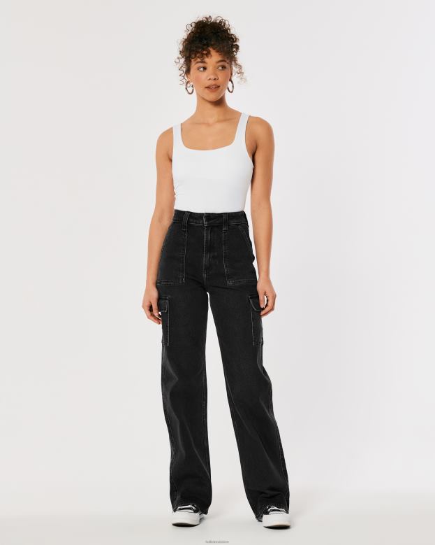 Bottoms Hollister Women Ultra High-Rise Washed Black Cargo Baggy Jeans 48820753 Black Wash