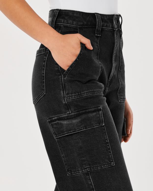 Bottoms Hollister Women Ultra High-Rise Washed Black Cargo Baggy Jeans 48820753 Black Wash