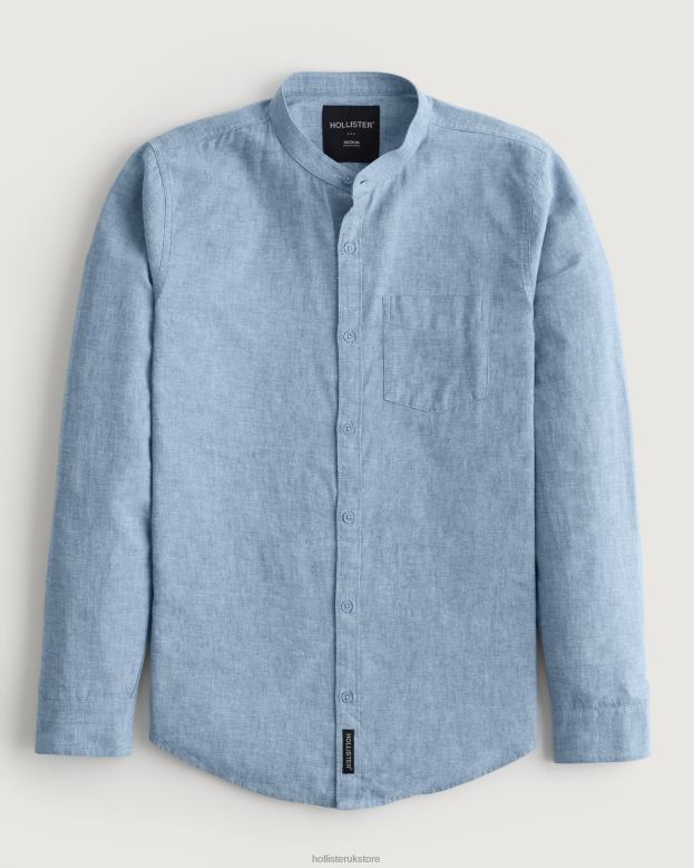 Tops Hollister Men Banded Collar Linen Blend Shirt 48820881 Heather Blue